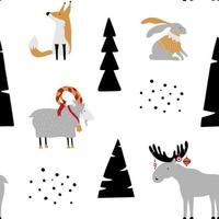 Hand drawn seamless pattern with bunny, fox, goat, elk and trees. Childish texture. Good for fabric, textile. Christmas vector wallpaper.