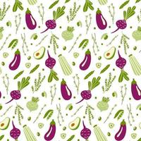 Modern seamless pattern with hand drawn green and violet doodle vegetables. Vector illustration. Good for printing.