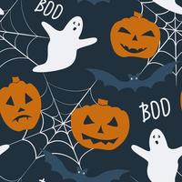 Halloween holiday seamless pattern with - pumpkin, ghost, spider web and bat. Vector repetitive wallpaper.