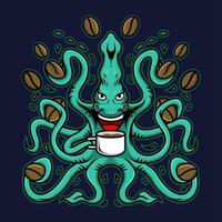 Octopus and coffee bean illustration. Vector eps 10.