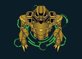 Modern vector illustration of Robotic Mecha Soldier Half Body armor. Golden metal colour. Trend design. Vector Eps 10. For game card, symbol of mascot.