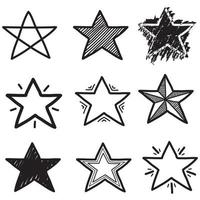 conjunto de estrellas vectoriales dibujadas a mano negra en estilo de fideos sobre fondo blanco. se puede utilizar como un patrón o elemento independiente. pincel marcador tenue vector