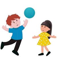 Happy boy and girl jumping and playing ball vector