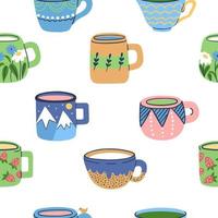 patrón sin costuras con tazas con té o café. cerámica hecha a mano con patrones dibujados a mano en taza y taza. ilustración vectorial de moda coloreada. vector