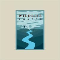 amazon river with bird poster vintage minimalist vector illustration template graphic design. wildlife outdoors forest with blue sky banner for environment concept or business travel