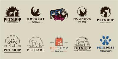 set of pet shop logo line vintage vector illustration template icon graphic design. bundle collection of various cat and dog sign or symbol for business or animal lover