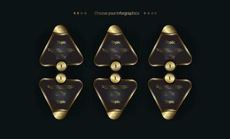 a group of premuim triangle buttons designs on dark background. A luxury triagle options in golden color theme concept, vector and illustration