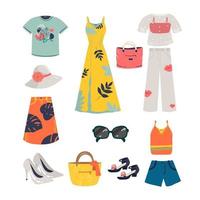 Woman summer clothing vector icon set. dress, sundress, shorts, skirt, shoes, bag, T-shirt, hat, glasses pants blouse sandals Clothes collection