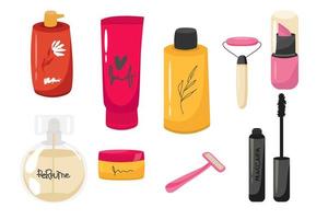 Set of make up products, brushes and tools isolated on background. Vector illustration. Vector illustration , cream, razor, hair dryer, comb, lipstick, mascara, perfume, varnish, soap, shampoo