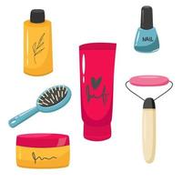 Set of make up products, brushes and tools isolated on background. cream, varnish, comb, massager, soap Vector illustration