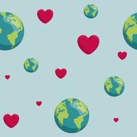 tierra en forma de corazón. globo de dibujos animados de patrones sin fisuras. Iconos web verde naturaleza feliz carácter. plantilla de ilustración catastrófica de mapa mundial de planeta tierra de ecología de amor. salve el planeta vector