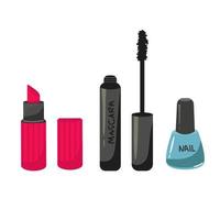 Set of make up products, brushes and tools isolated on background. Vector illustration, lipstick, mascara