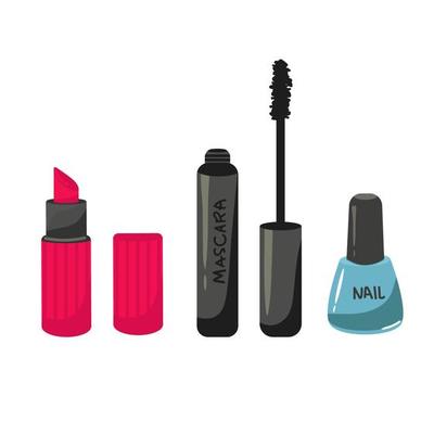 Set of make up products, brushes and tools isolated on background. Vector illustration, lipstick, mascara