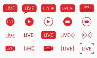 la transmisión en vivo establece iconos rojos. vector de icono de botón de reproducción
