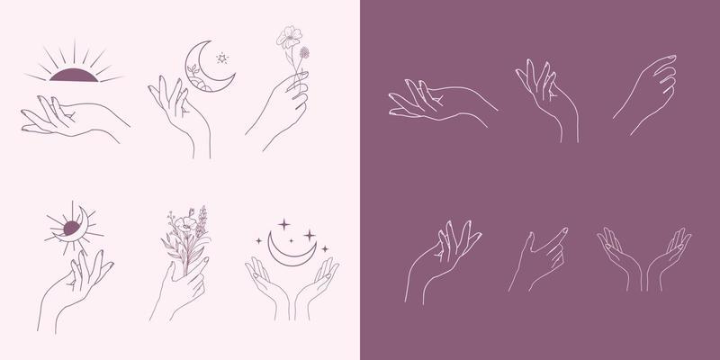 A set of Woman's hand icon collections in a minimal linear style. Vector logo design Templates with different hand gestures, Crystal. For cosmetics, beauty, tattoo, Spa, feminine, jewelry store.