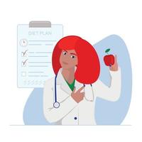 doctora nutricionista hoding manzana roja y tableta con plan de dieta en el fondo