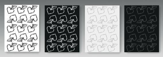 Set collection of black and white backgrounds drawn with hearts apples elements vector