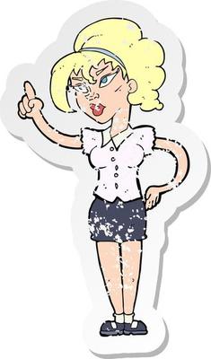 retro distressed sticker of a cartoon woman with idea