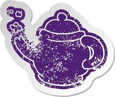 distressed old sticker of a blue tea pot vector