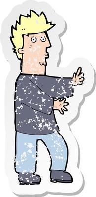 retro distressed sticker of a cartoon nervous man waving