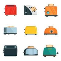 Toaster kitchen bread oven icons set, flat style vector