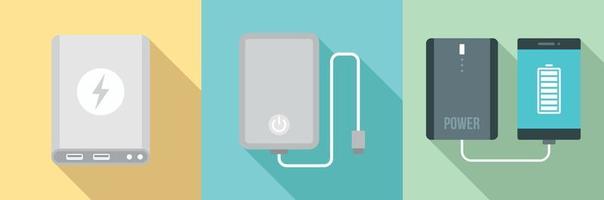 Power bank icon set, flat style vector