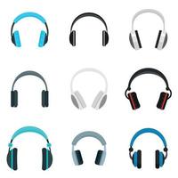 Headphones music speakers icons set, flat style vector