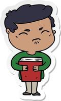 sticker of a cartoon annoyed man with book vector