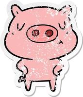 distressed sticker of a cartoon content pig vector