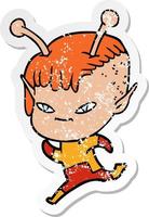 distressed sticker of a cute cartoon alien girl vector