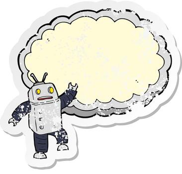 retro distressed sticker of a cartoon robot with space for text cloud vector