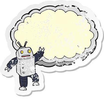 retro distressed sticker of a cartoon robot with space for text cloud