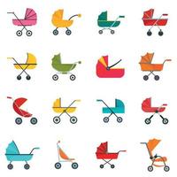 Pram stroller carriage icons set, flat style vector