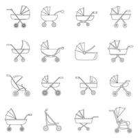 Pram stroller carriage icons set, outline style vector