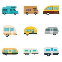 Motorhome car trailer house icons set, flat style vector