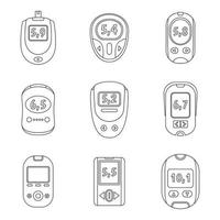 conjunto de iconos de prueba de azúcar del medidor de glucosa, estilo de esquema vector