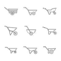 Wheelbarrow garden plant icons set, outline style vector