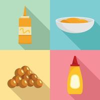 Mustard seeds sauce bottle icons set, flat style vector