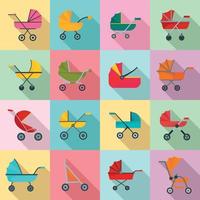 Pram stroller carriage icons set, flat style vector