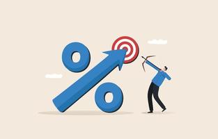 financial growth profit. Goal of increasing profits. reducing costs, increasing turnover, increasing productivity, and increasing efficiency.  Businessman aiming arrow at target of percentage profit. vector