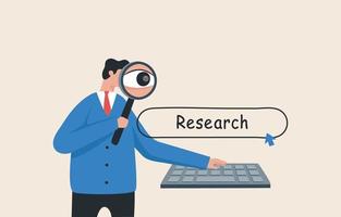 Search for a job or do research in marketing. Find new solutions.  Brand researching information.  Businessman looking for a job with a magnifying glass. vector