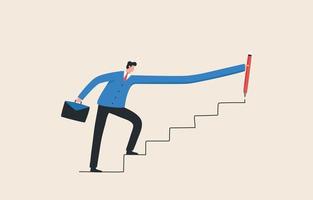 Develop potential for success. Career advancement. Promotion.Increase opportunities for different roles. Businessman use  pencil to draw rising up staircase. vector