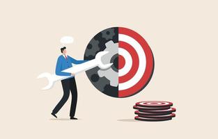 Goal setting. Action plan to set goals. Assess abilities and passion.  plan clearly and act immediately. Businessman holding a wrench to adjust the dartboard target. vector