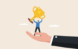 Success acquired through support. Motivation from work. Promotion in a career. boss support or to work together. Businessman stands holding a trophy in a giant hand.