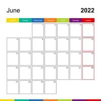 calendario de pared colorido de junio de 2022, la semana comienza el lunes. vector