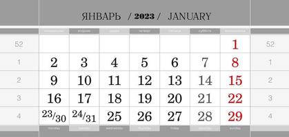 Calendar quarterly block for 2022 year, January 2023. Wall calendar, English and Russian language. Week starts from Monday. vector