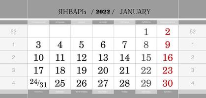 Calendar quarterly block for 2022 year, January 2022. Wall calendar, English and Russian language. Week starts from Monday. vector