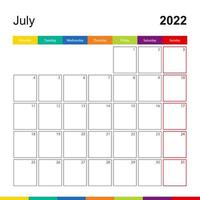 July 2022 colorful wall calendar, week starts on Monday. vector