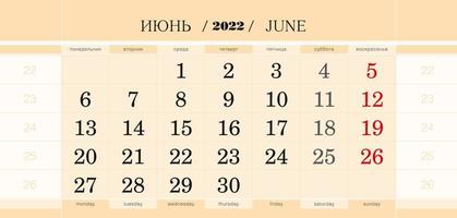 Calendar quarterly block for 2022 year, June 2022. Week starts from Monday. vector