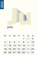 Minimalist calendar template for July 2022, vector calendar in Spanish language.